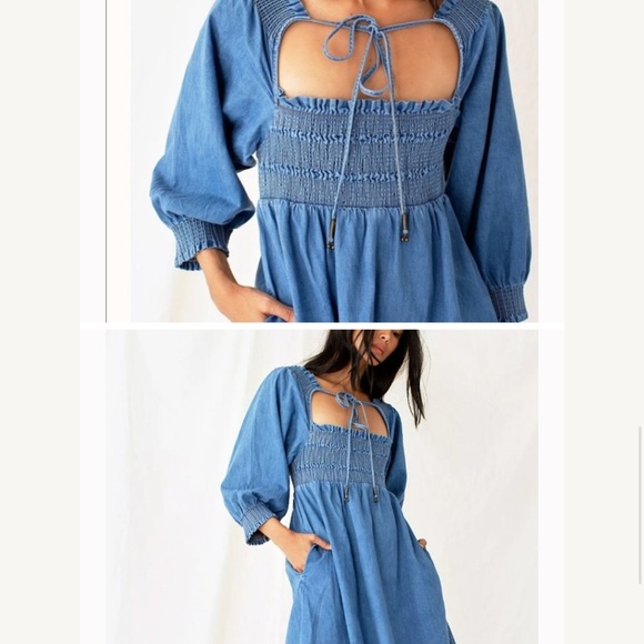 Free People This Is Everything denim Smocked Tie Neck Mini Dress M - Picture 3 of 12